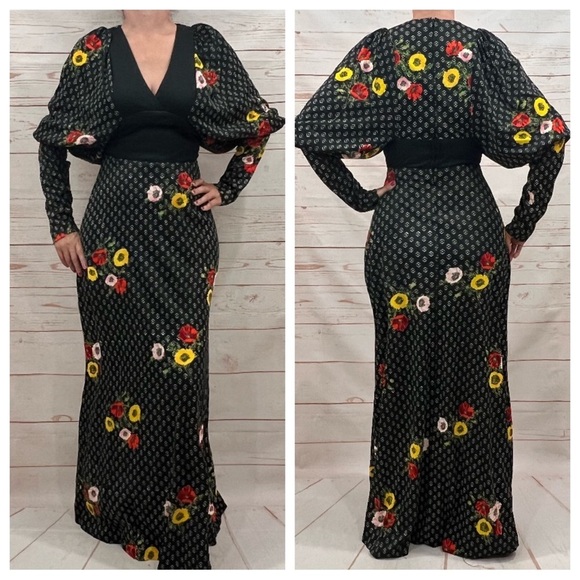 Vintage 60’s 70’s Retro Puffy Long Sleeve Floral Daisy Maxi Dress - Picture 2 of 7